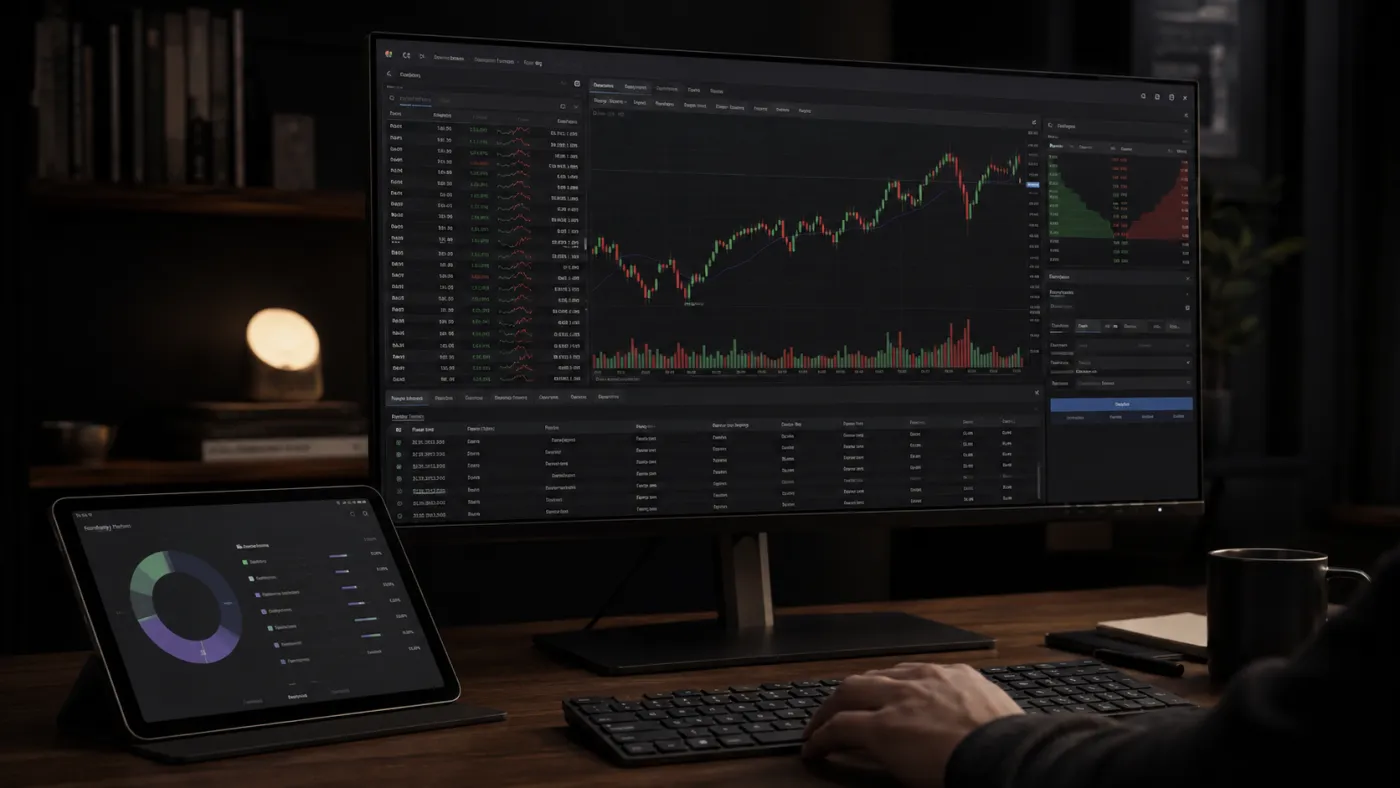 A trading desk with price charts on a monitor and a portfolio breakdown on a tablet
