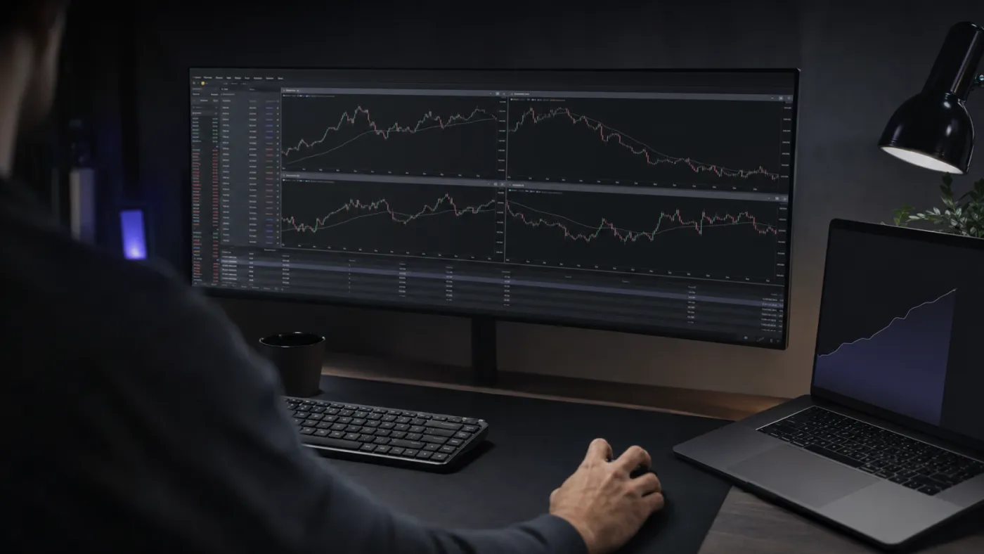 A trader at an ultrawide monitor showing several price charts, with a laptop beside it
