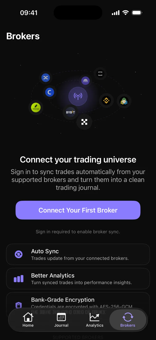Astro Brokers tab on iPhone with a Connect Your First Broker button and the supported broker logos.