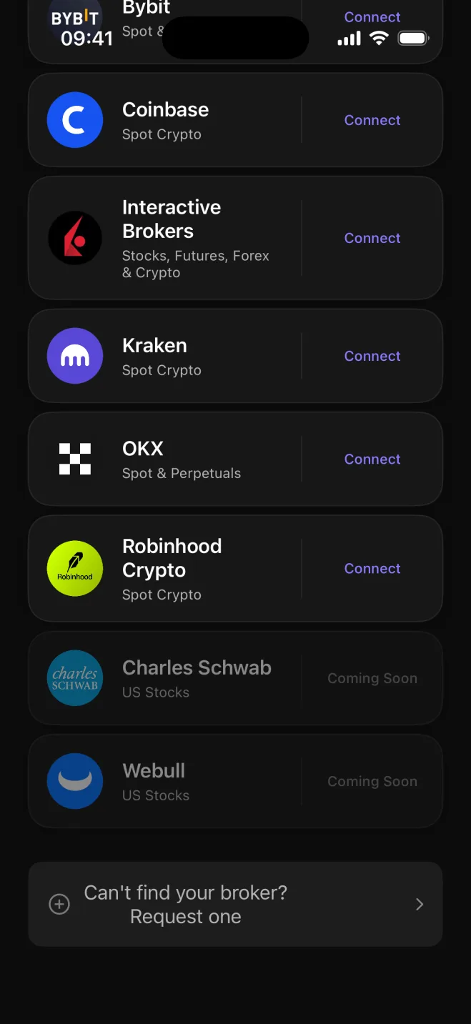 Astro trading journal broker list on iPhone with a Connect button next to OKX