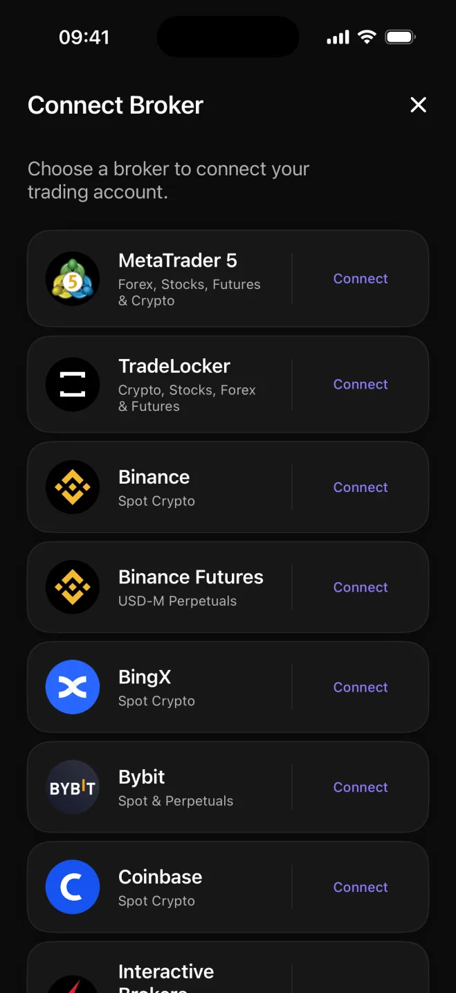 Connect Broker screen in the Astro trading journal app on iPhone, with Binance and Binance Futures in the broker list