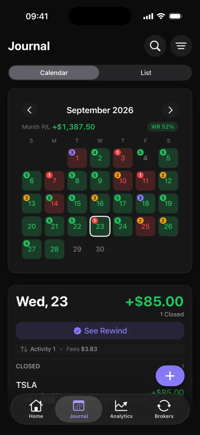 Astro stock trading journal calendar on iPhone for September 2026, with daily P/L and a closed TSLA trade on the 23rd