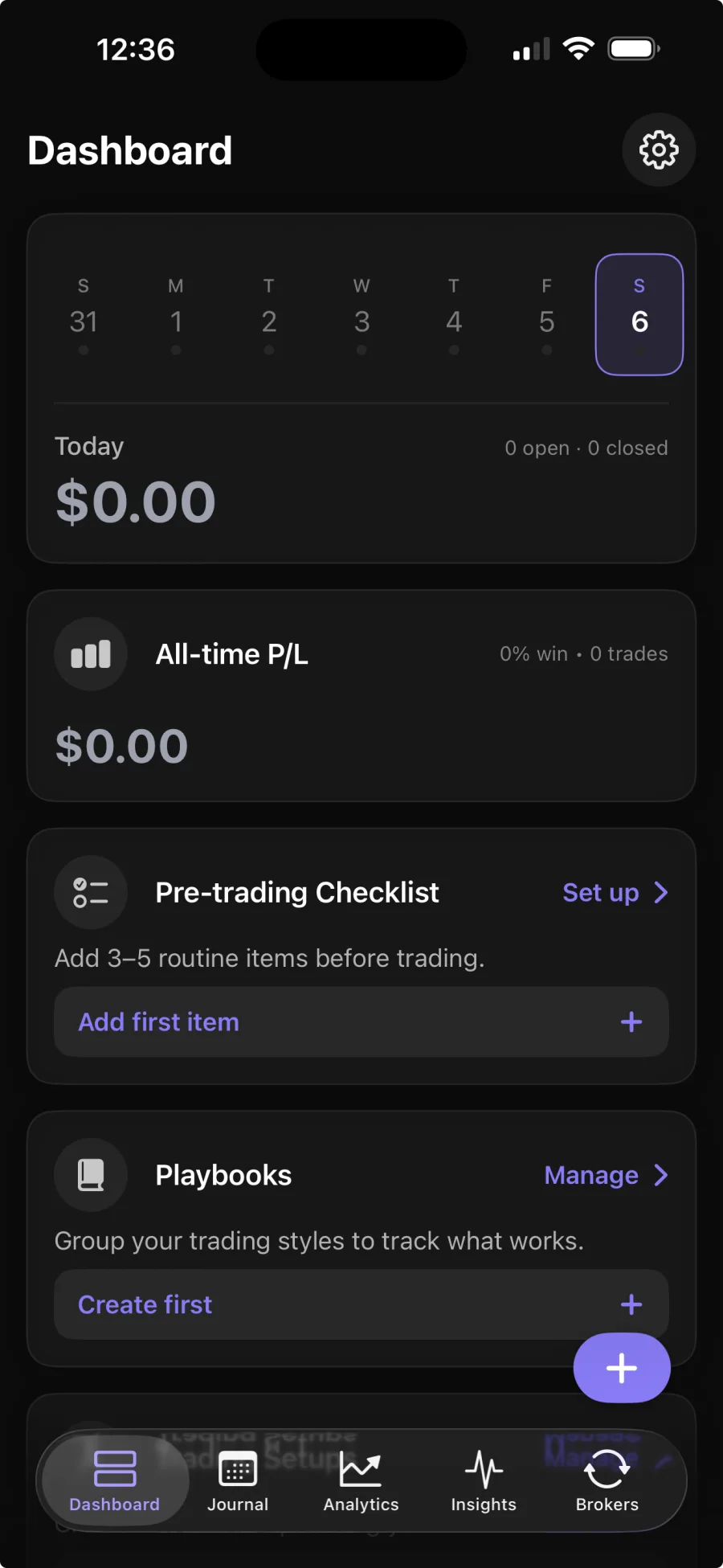 Astro iPhone dashboard with a calendar, journal navigation, and an empty trading account