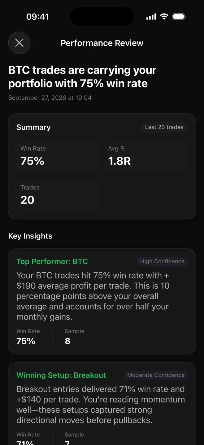 Astro crypto trading journal Performance Review on iPhone: BTC trades at a 75% win rate over the last 20 trades
